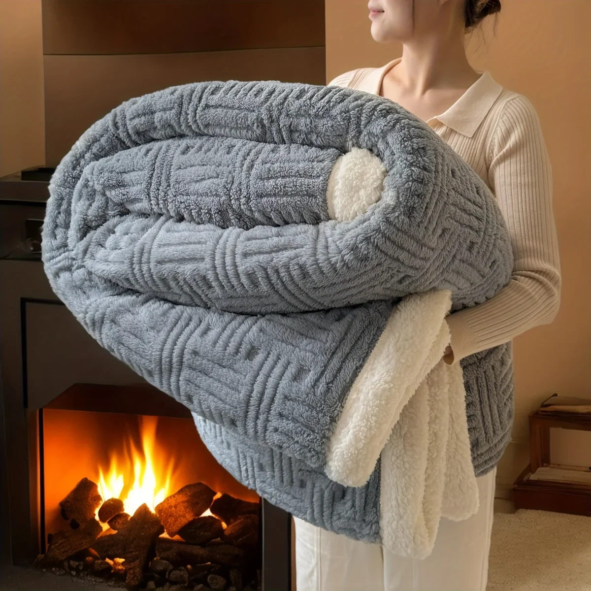 Vintage Dubbelzijdige Deken - Zachte Pluche Fleece en Imitatie Lamswol - All-Seasons - immagine 4